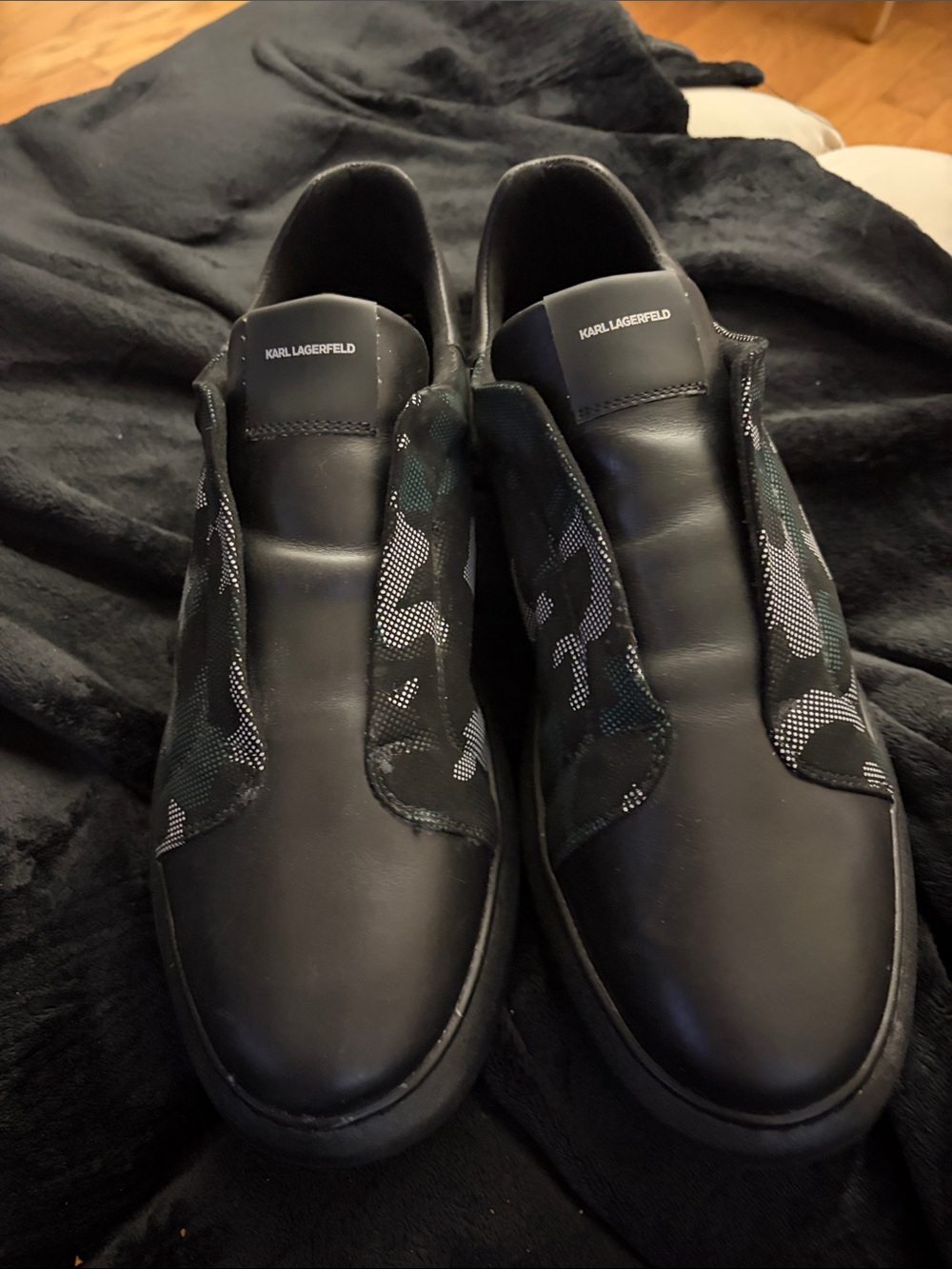 Karl Lagerfeld Paris Men’s Black Leather Slip-On with Camouflage Panels